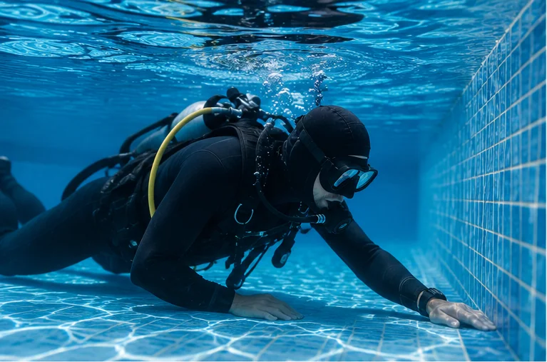 Buzo profesional inspeccionando el interior de una piscina para localizar una fuga