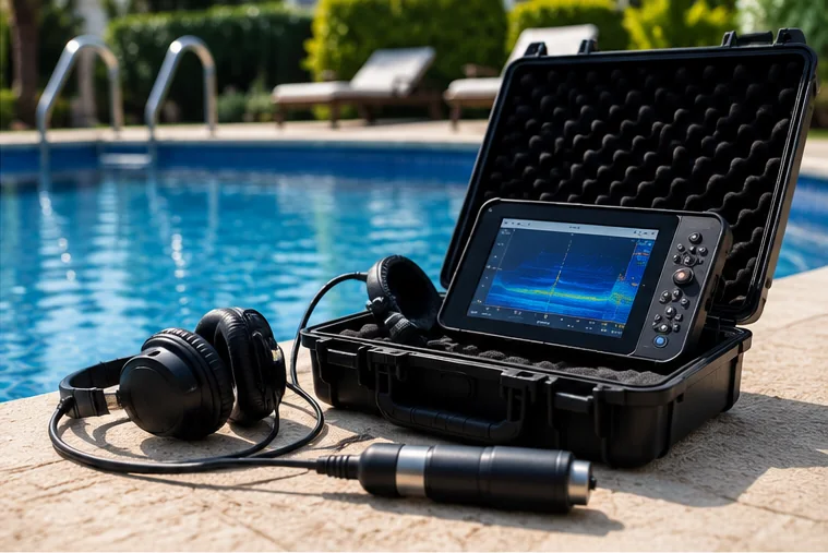 Equipo profesional utilizado para la detección técnica de fugas en piscinas