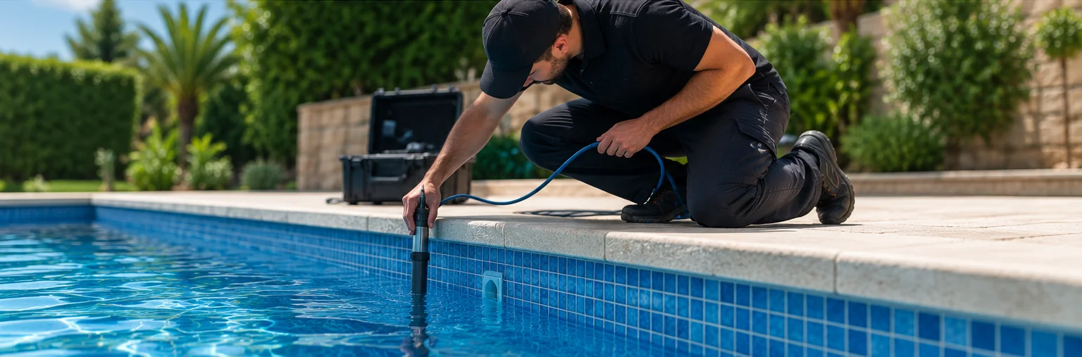 Técnico realizando pruebas de diagnóstico en una piscina